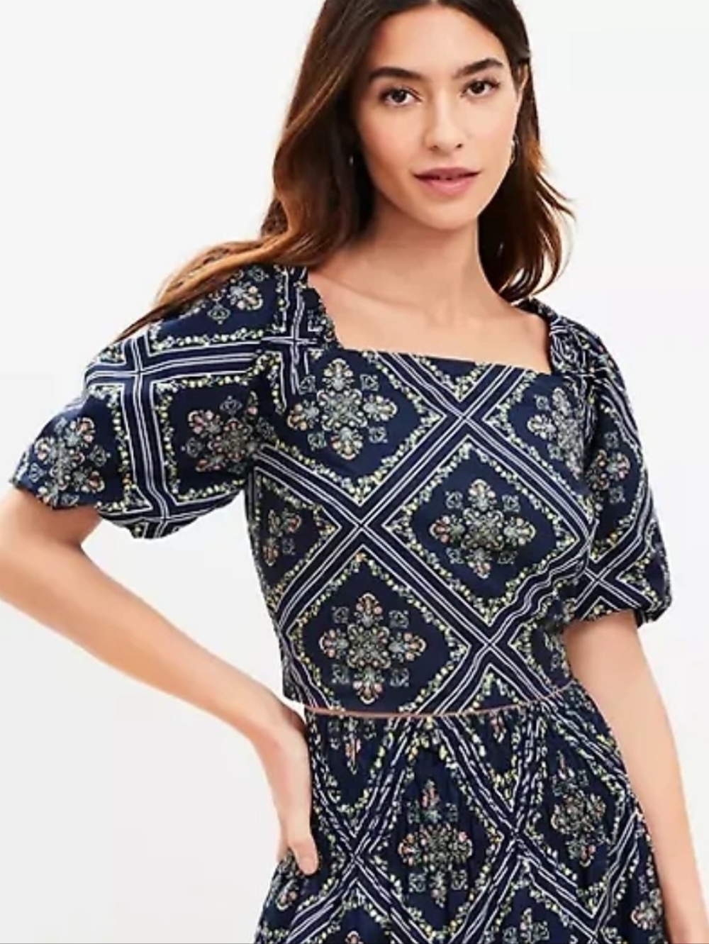 Loft Square Neck Navy Printed Puff-Sleeve Top Womens LP